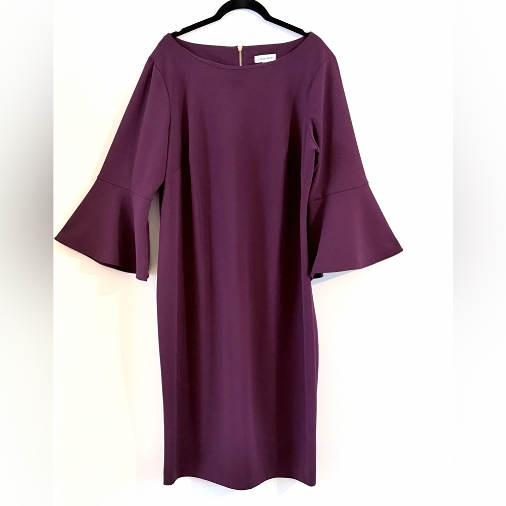 Calvin Klein Plum Bell-Sleeve Sheath Dress Size 16 - Picture 4 of 12